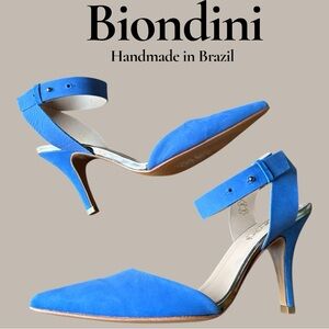 Biondini blue suede D'Orsay ankle strap heels. Handmade in Brazil. Size 9. NWOB